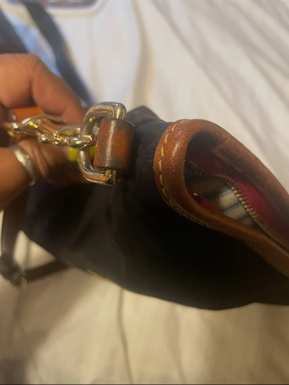 Dooney & Bourke Black Nylon Hobo with Tan Leather Trim and Red Zip